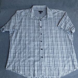 Van Heusen Mens XL Grey White Plaid Short Sleeve Button Down Shirt 17-17.5